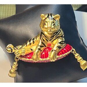 Bob Mackie Tiger Brooch Gold-Tone Enamel With Red Cushion & Dangling Tassels 3"